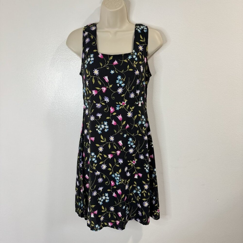 Vintage 90s Y2K Um & Company Shirt Dress 5 / 6 S Black Floral Square Neck